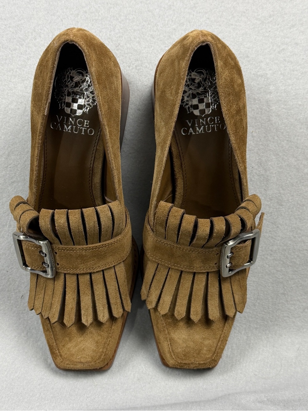 Vince Camuto Sedna Suede Kiltie Fringe Loafers 7.5 Brown Chunky Block Heel